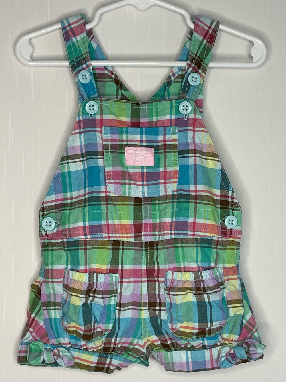 Vintage OshKosh B’Gosh Pastel Plaid Bubble Romper Overalls 12M Pink Label